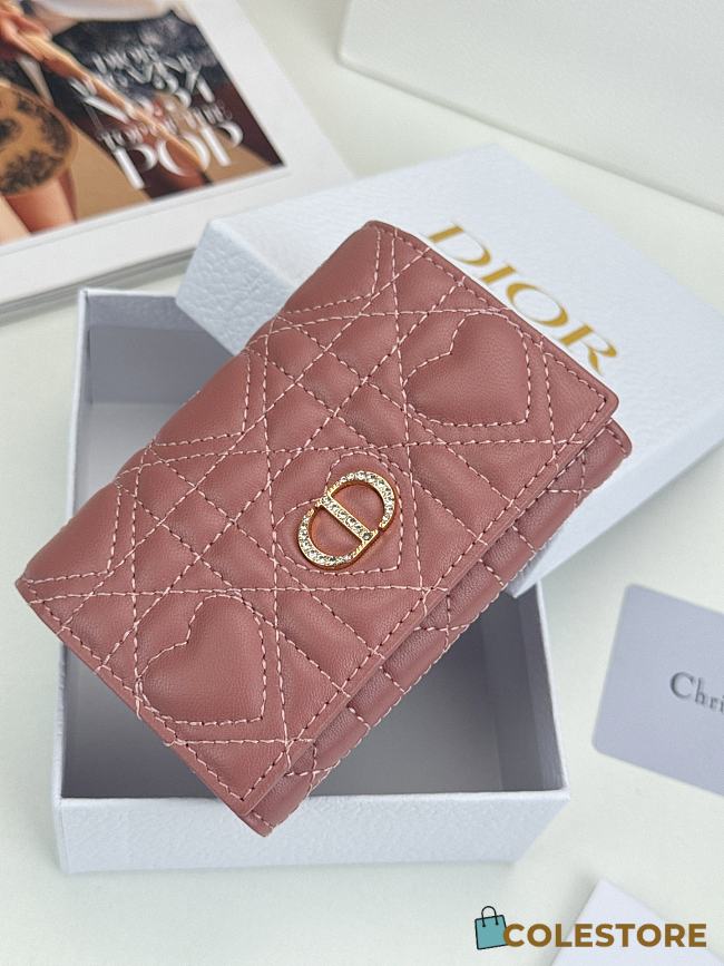 Colestore Dior Caro Glycine Wallet Rose Pink Cannage Lambskin with Heart Motif 11x2.5x7.5cm - 1