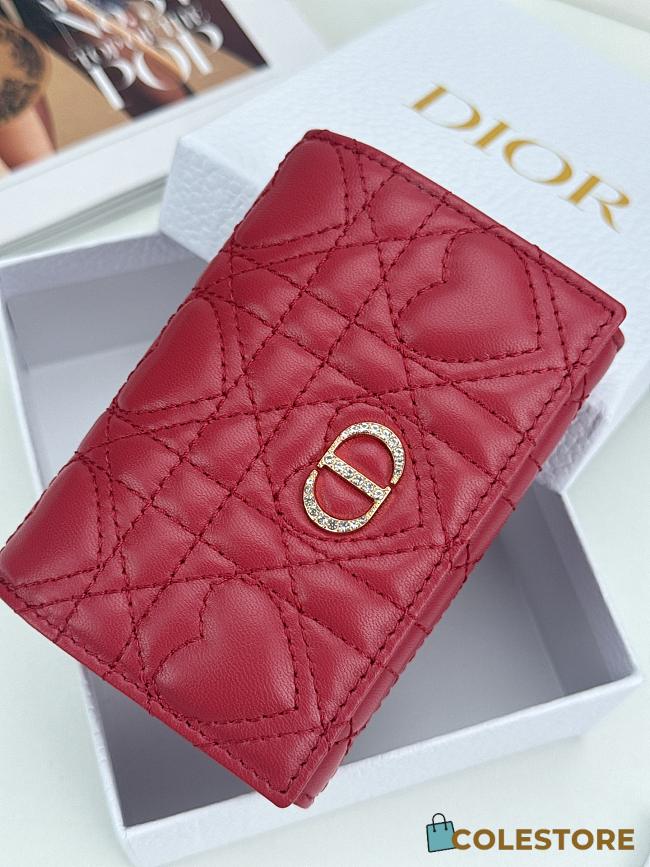 Colestore Dior Caro Glycine Wallet Red Cannage Lambskin with Heart Motif 11x2.5x7.5cm - 1