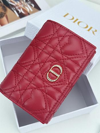 Colestore Dior Caro Glycine Wallet Red Cannage Lambskin with Heart Motif 11x2.5x7.5cm