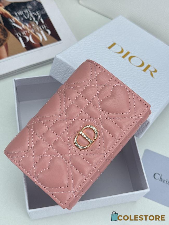 Colestore Dior Caro Glycine Wallet Pink Cannage Lambskin with Heart Motif 11x2.5x7.5cm - 1