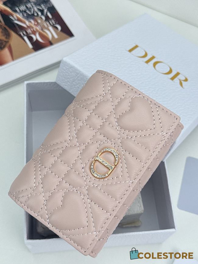 Colestore Dior Caro Glycine Wallet Light Pink Cannage Lambskin with Heart Motif 11x2.5x7.5cm - 1