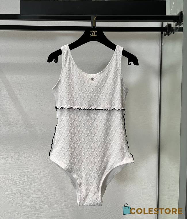 Colestore Chanel CC Logo Textured One‑Piece Swimsuit White - 1