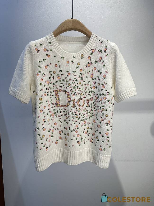 Colestore  Dior Short-Sleeved Embroidered Sweater Multicolor Daisy Garden Cashmere Knit - 1