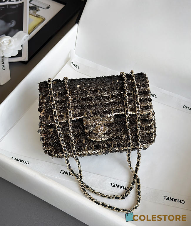 Colestore Chanel Evening Party bag Sequins, Artificial Pearls & Gold-colored Metal Black & Gold 21x14x8cm - 1