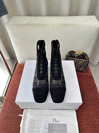Colestore  Dior Naughtily-D Heeled Ankle Boot Transparent Mesh with  Black Dior Roses Embroidery and Suede Goatskin