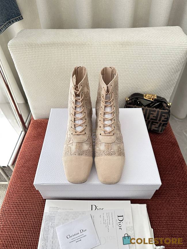 Colestore Dior Naughtily-D Heeled Ankle Boot Transparent Mesh with Beige Dior Roses Embroidery and Suede Goatskin - 1