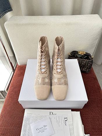 Colestore Dior Naughtily-D Heeled Ankle Boot Transparent Mesh with Beige Dior Roses Embroidery and Suede Goatskin