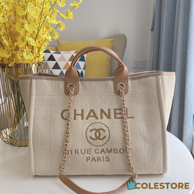 Colestore Chanel Mixed Fibers Striped Medium Deauville Tote Beige 38x29x20cm - 1