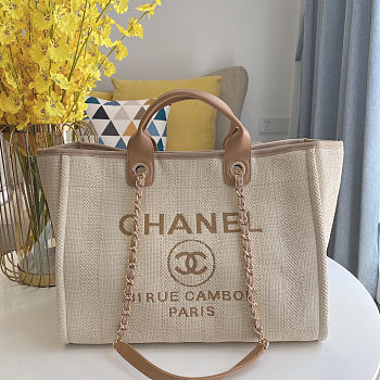 Colestore Chanel Mixed Fibers Striped Medium Deauville Tote Beige 38x29x20cm
