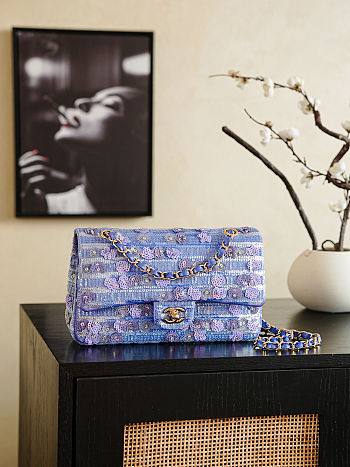 Colestore Chanel Classic Flap Bag  Sequined Tweed and  Gold-Plated Metal Blue, Purple 25.5x15.5x6.5cm