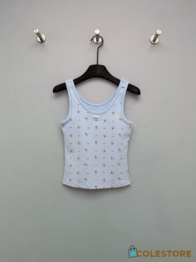 Colestore  Prada Sky Blue Bouquet Print Ribbed Knit Tank Top - 1