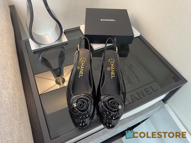 Colestore Chanel Camellia Patent Leather Slingback Pumps with CC Logo Black - 1
