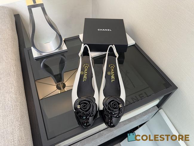 Colestore Chanel Camellia Patent Leather Slingback Pumps with CC Logo White & Black - 1