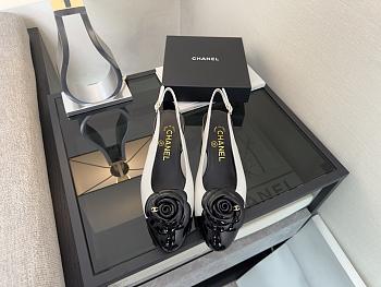 Colestore Chanel Camellia Patent Leather Slingback Pumps with CC Logo White & Black