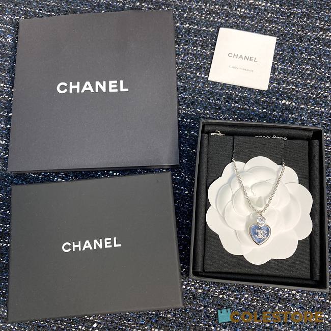 Colestore Chanel CC Logo Blue Heart Enamel Pendant Necklace with Crystal Accent - 1