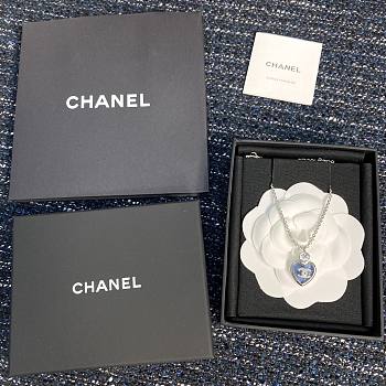 Colestore Chanel CC Logo Blue Heart Enamel Pendant Necklace with Crystal Accent