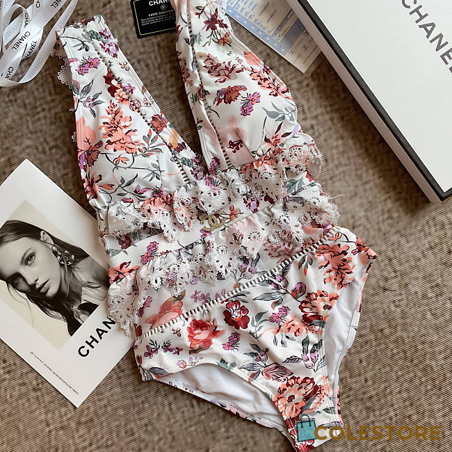 Colestore Chanel Floral Crisscross Plunging One Piece Swimsuit  - 1