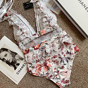 Colestore Chanel Floral Crisscross Plunging One Piece Swimsuit  - 2
