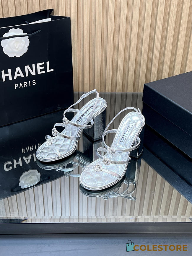 Colestore Chanel Sandals   Sheepskin with a metallic sheen  Silver 95mm - 1