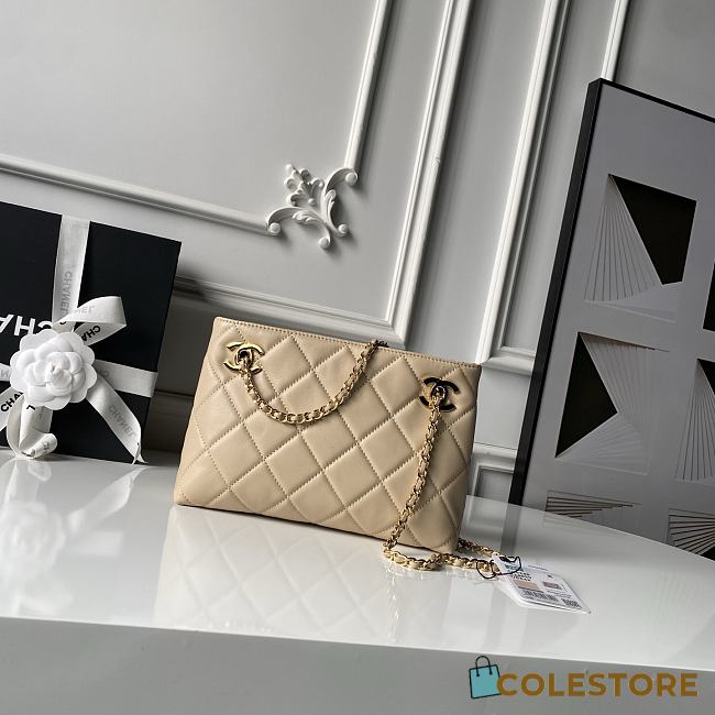 Colestore Chanel Small Shopping Bag   Lambskin & Gold-Tone Metal Beige 25x16x7.5cm - 1