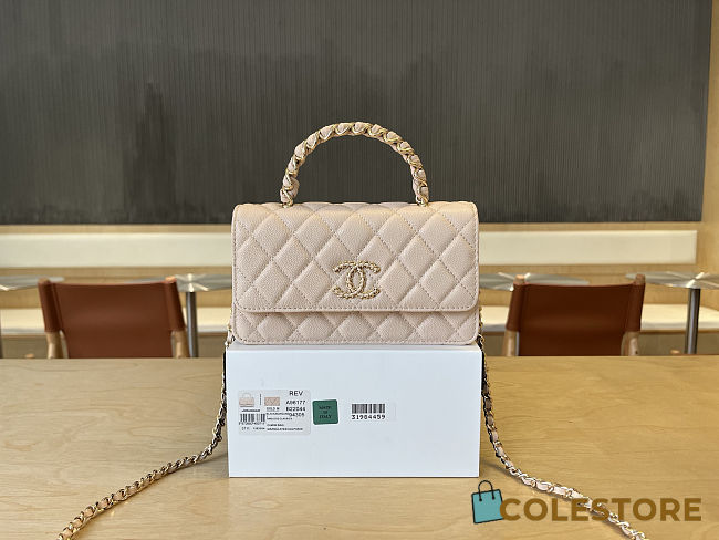 Colestore Chanel Mini Flap Bag with Top Handle Grained Grained Gold-tone Diamond quilting Light Beige 19cm - 1