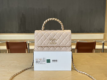 Colestore Chanel Mini Flap Bag with Top Handle Grained Grained Gold-tone Diamond quilting Light Beige 19cm