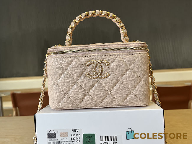 Colestore Chanel Vanity Case With Top Handle Grained Leather Gold tone metail Light Beige 17cm - 1