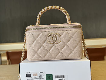 Colestore Chanel Vanity Case With Top Handle Grained Leather Gold tone metail Light Beige 17cm