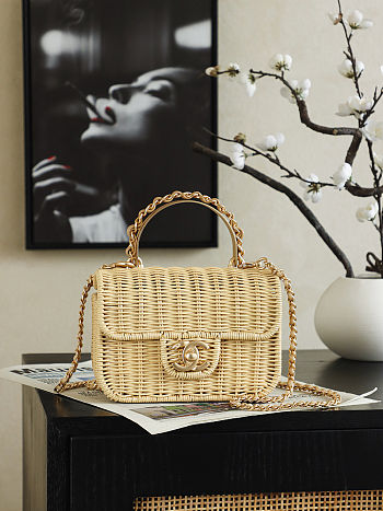 Colestore Chanel Mini Flap Bag with Top Handle   Braided Rattan & Gold-Tone Metal  Beige  13 x 18.5 x 7cm