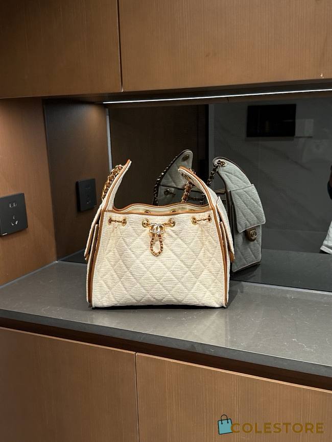 Colestore Chanel 25 Small Handbag   Canvas, Calfskin & Gold-Tone Metal  Ecru & Camel  30 x 26 x 14cm - 1