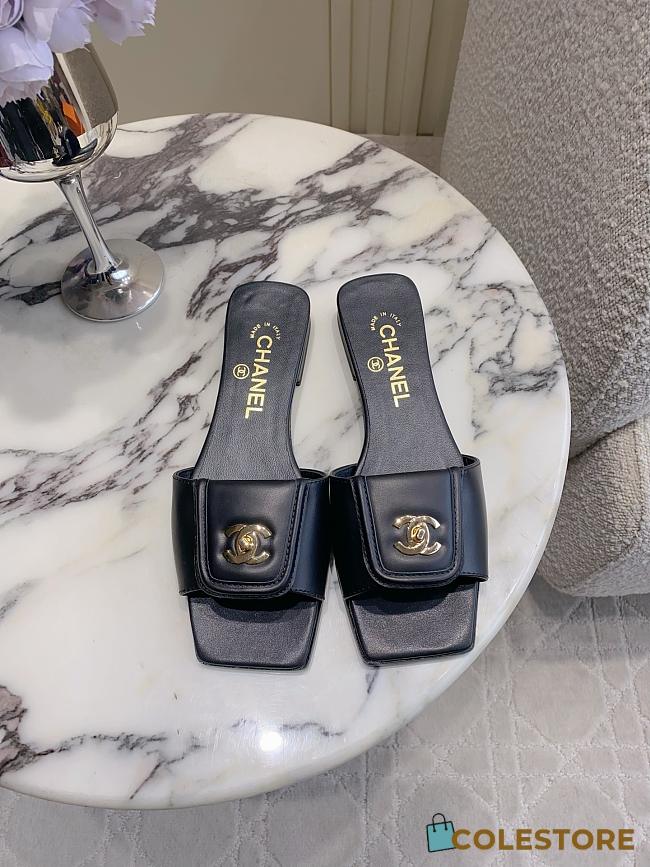 Colestore Chanel CC Logo Slide Sandals Lambskin & Gold-Tone Metal, Black - 1