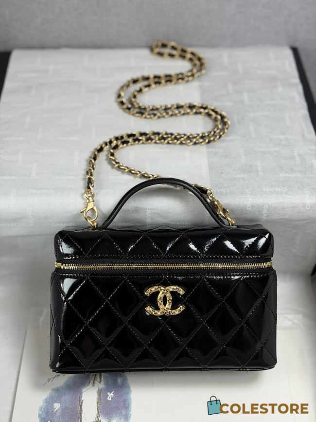 Colestore Chanel Top Handle Long Vanity Case with Chain Black Shiny Lambskin Aged Gold Hardware 17x19.5x5cm - 1