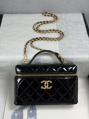 Colestore Chanel Top Handle Long Vanity Case with Chain Black Shiny Lambskin Aged Gold Hardware 17x19.5x5cm