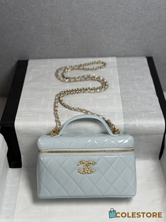 Colestore Chanel Top Handle Long Vanity Case with Chain Light Blue Shiny Lambskin Aged Gold Hardware 17x19.5x5cm - 1