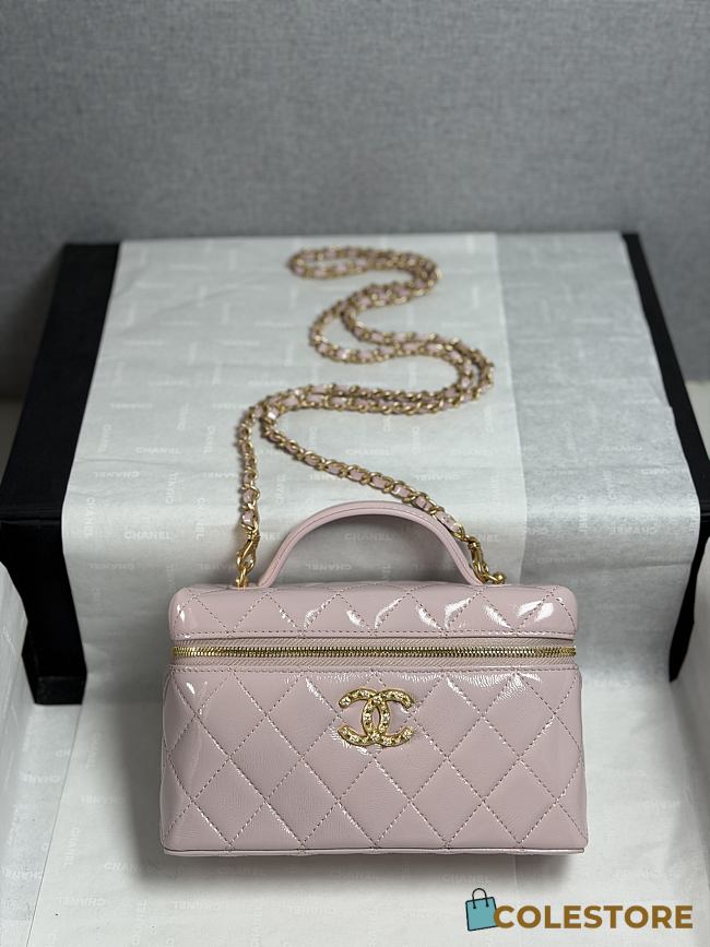 Colestore Chanel Top Handle Long Vanity Case with Chain Light Pink Shiny Lambskin Aged Gold Hardware 17x19.5x5cm - 1