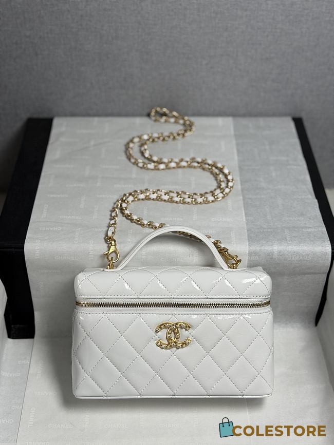Colestore Chanel Top Handle Long Vanity Case with Chain White Shiny Lambskin Aged Gold Hardware 17x19.5x5cm - 1