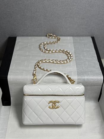 Colestore Chanel Top Handle Long Vanity Case with Chain White Shiny Lambskin Aged Gold Hardware 17x19.5x5cm
