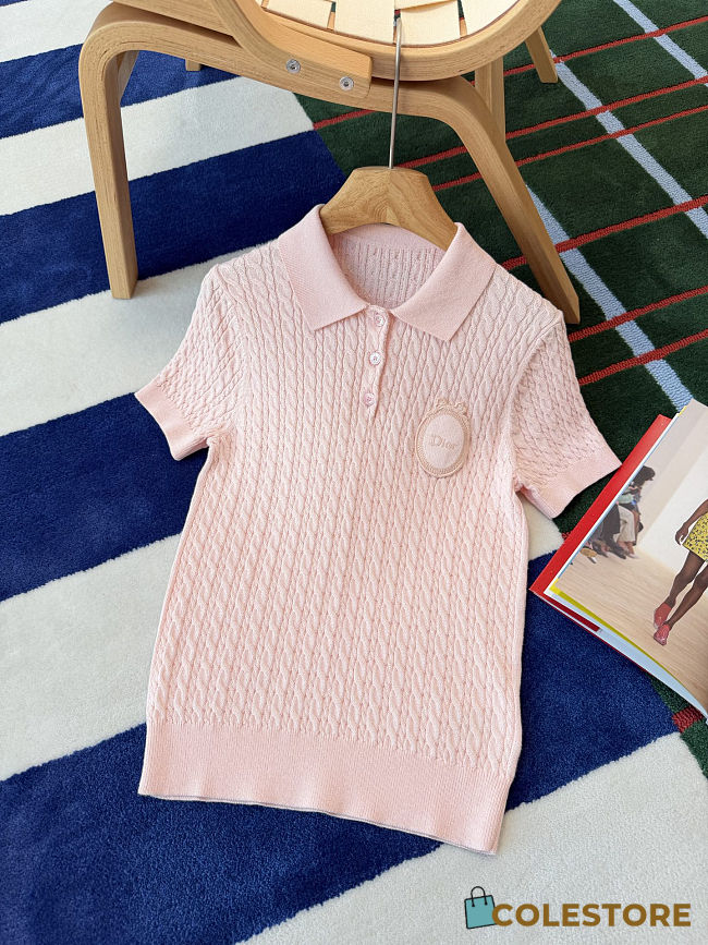 Colestore Dior Médaillon Short Sleeve Sweater Pink cotton and wool braided knit - 1
