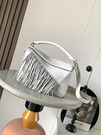 Colestore Loewe Small Puzzle bag with fringe in classic calfskin leather Soft White/ Light Ghost 24x16.5x10.5cm