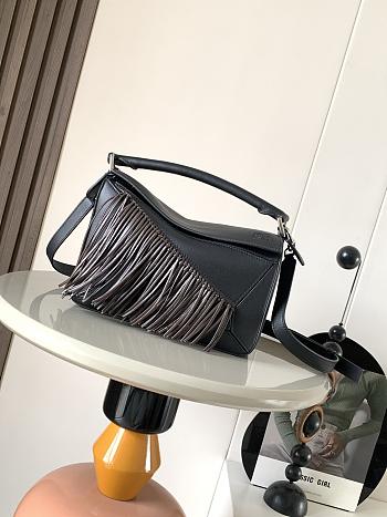 Colestore Loewe Small Puzzle bag with fringe in classic calfskin leather Dark Black/ Chestnut 24x16.5x10.5cm