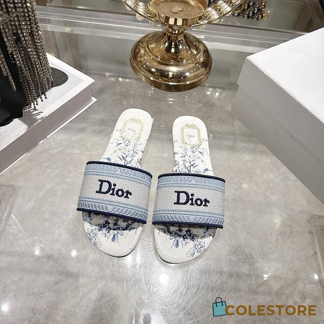 Colestore  Dior Dway Slide White and Blue Embroidered Cotton and Toile de Jouy Floral Garden Motif - 1