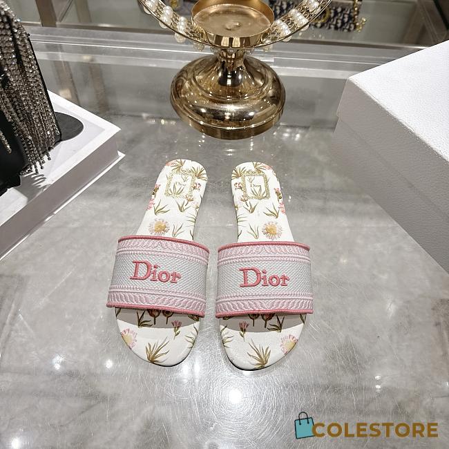 Colestore  Dior Dway Slide White and Songe Pink Embroidered Cotton and Multicolor Daisy Garden Motif - 1