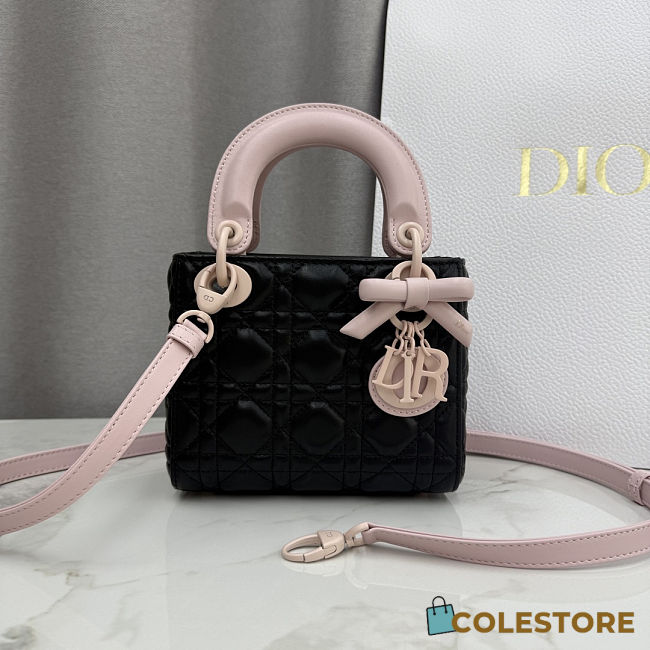 Colestore  Dior Mini Lady Dior Bag with Strap Black and Rose Soupir  Cannage Lambskin  17 x 15 x 7 cm - 1