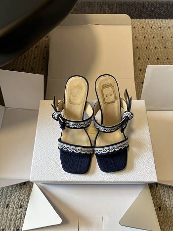 Colestore Dior Dway Heeled Sandal Blue Dior Oblique Embroidered Cotton and White Lace