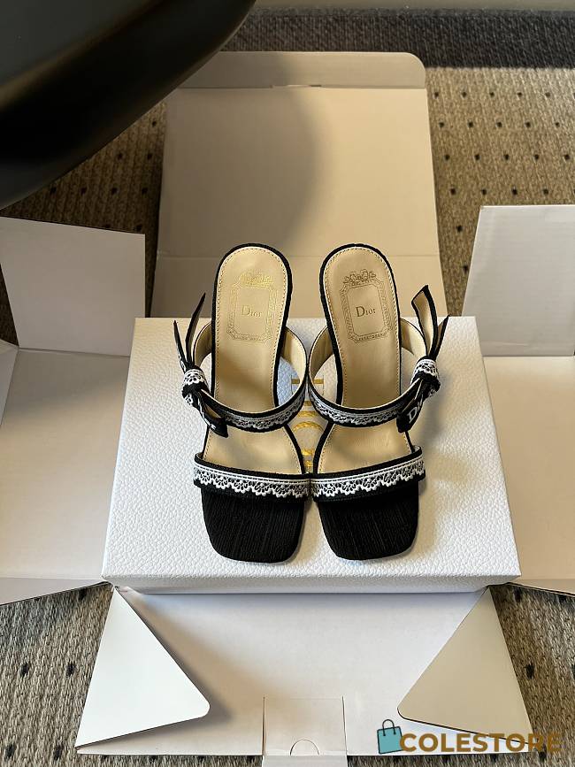 Colestore Dior Dway Heeled Sandal Black Dior Oblique Embroidered Cotton and White Lace  - 1