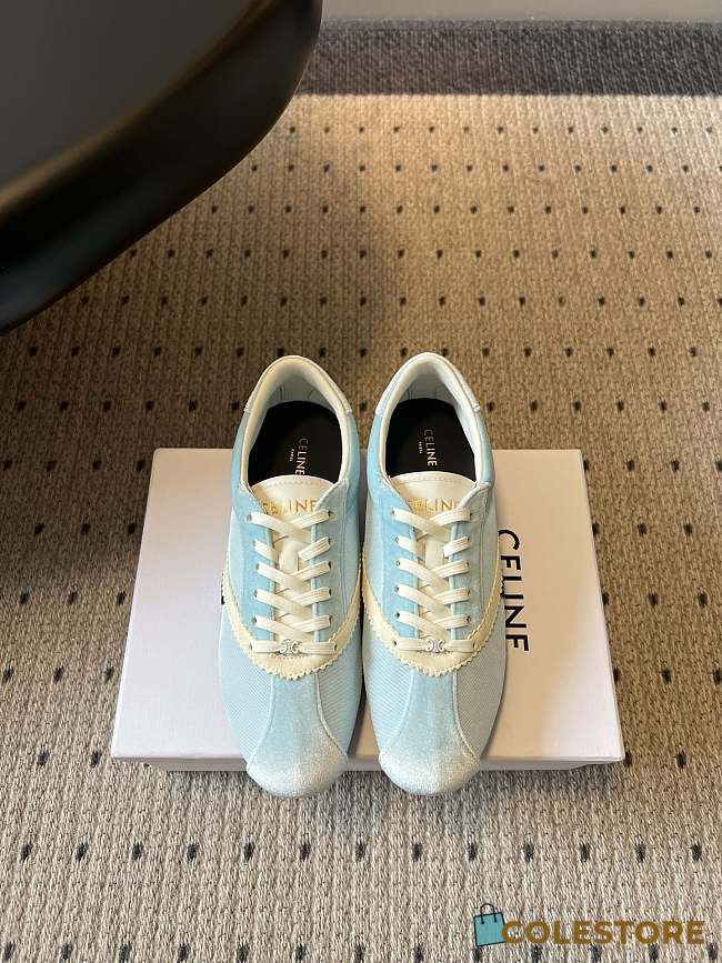 Colestore Celine The Flat Sneaker In Gros Grain, Velvet, Suede Goatskin And Lambskin Light Blue / Optic White - 1