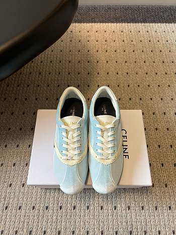 Colestore Celine The Flat Sneaker In Gros Grain, Velvet, Suede Goatskin And Lambskin Light Blue / Optic White
