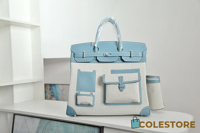 	 Colestore Hermes Birkin 40 HAC Cargo Bleu Égée Swift and Ecru Toile H Canvas Palladium Hardware - 1