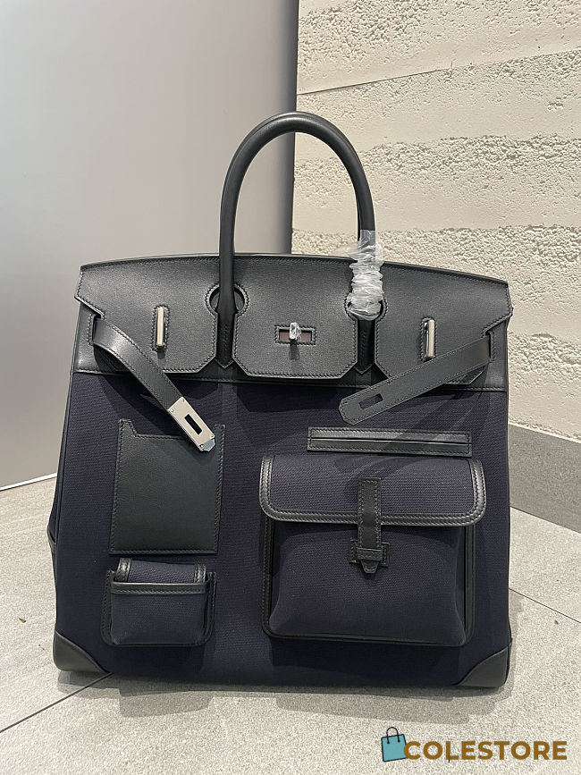 	 Colestore Hermes Birkin 40 HAC Bleu Marine Toile & Black Box Calf Cargo  Palladium Hardware - 1