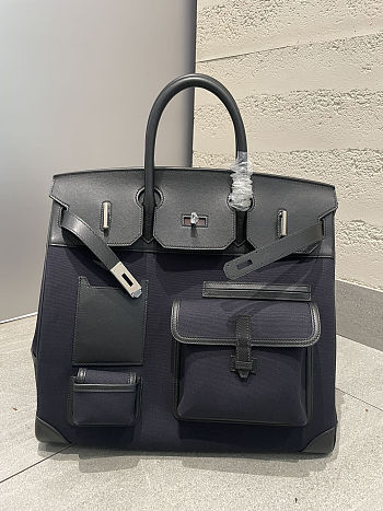 	 Colestore Hermes Birkin 40 HAC Bleu Marine Toile & Black Box Calf Cargo  Palladium Hardware